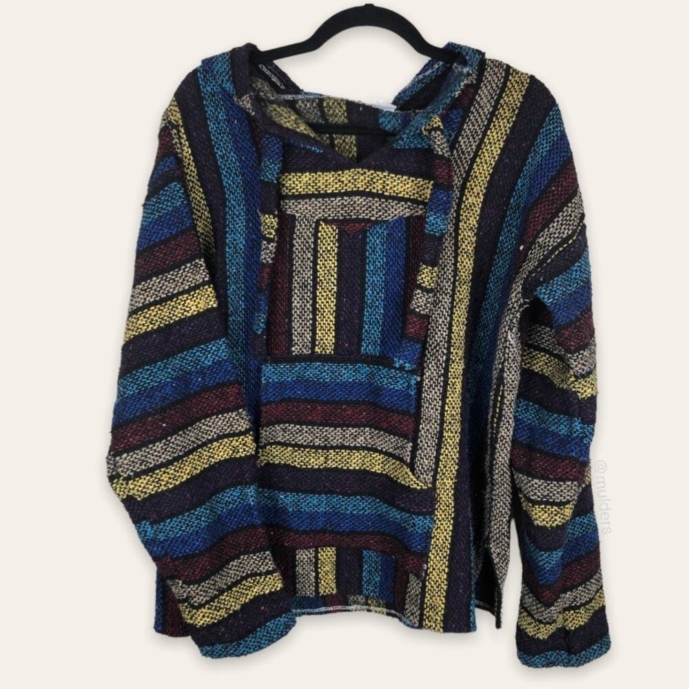 Artesanias Mickey Drug Rug Baja Colorful Striped Poncho Hoodie Rainbow